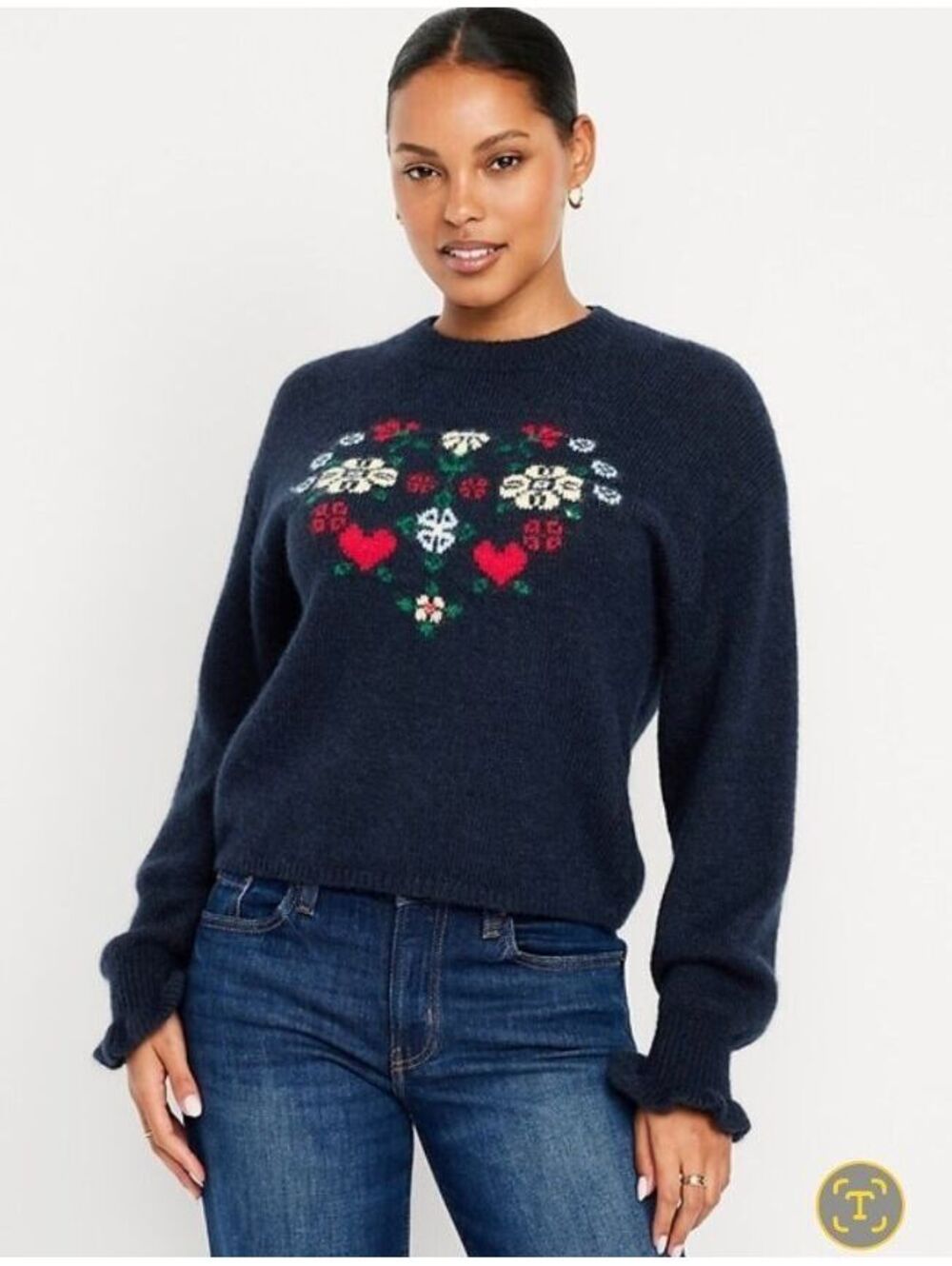 Old Navy Loose Crew-Neck Wool-Blend Graphic Cropped Sweater Navy Heart